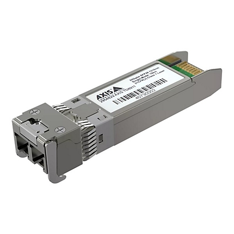 Ein graues SFP28-Modul mit Aufschrift und Barcode.