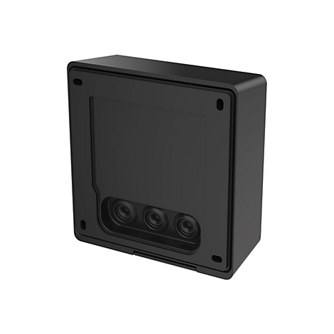 Schwarze quadratische elektrische Anschlussdose mit drei Öffnungen unten. Eckige Form mit abgerundeten Kanten und Schraubenlöchern.