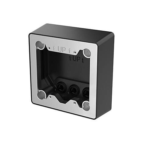 Schwarzes, quadratisches Elektronikgehäuse mit silbernen Rändern. Zwei „UP“-Pfeile und Löcher sind zu sehen.
