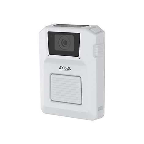 Weiße Axis Communications Körperkamera vor neutralem Hintergrund.