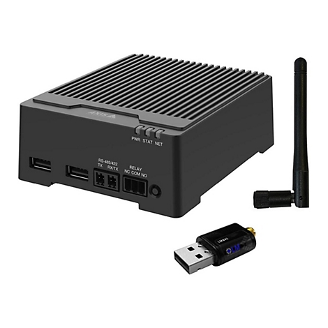 Schwarzes AXIS-Gerät mit Antenne und USB-Dongle. Aufschrift: PWR, STAT, NET, RS-485/422, RELAY, TX, RX/TX, NC, COM, NO.