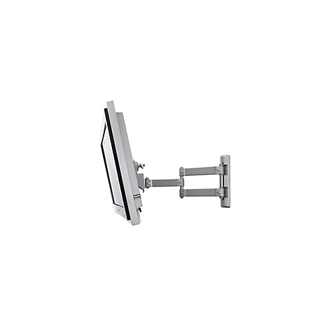 Un téléviseur à écran plat argenté sur un support mural. Le support a plusieurs articulations et peut être réglé à différents angles.