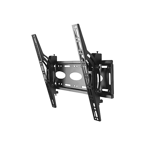 Schwarze, neigbare TV-Wandhalterung aus Metall vor weißem Hintergrund.