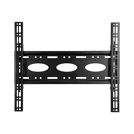 Schwarze Wandhalterung aus Metall für Fernseher, frontal vor weißem Hintergrund dargestellt.
