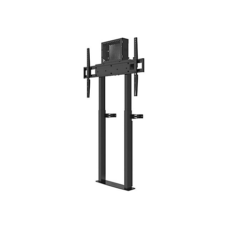 Schwarze, höhenverstellbare TV-Wandhalterung aus Metall vor weißem Hintergrund.