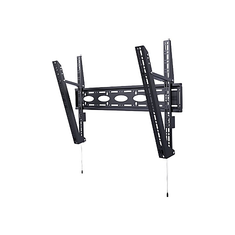 Schwarze, neigbare TV-Wandhalterung aus Metall vor weißem Hintergrund.