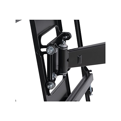 Detailansicht eines schwenkbaren schwarzen Gelenkarms einer Monitor- oder TV-Wandhalterung aus Metall.