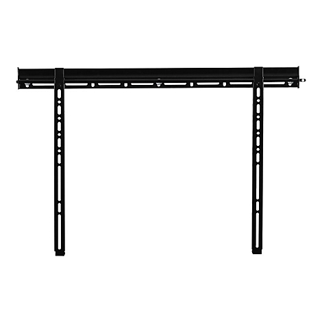 Support TV noir, composé d'une barre horizontale et de deux rails verticaux avec des trous.