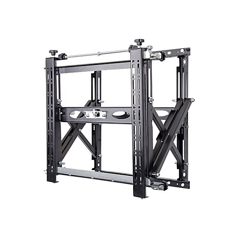 Schwarze TV-Halterung mit Metallrahmen. Die Halterung hat verstellbare Arme und eine horizontale Stange.