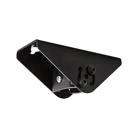 Schwarze, abgewinkelte Wandhalterung aus Metall mit Schraubverbindungen vor weißem Hintergrund.
