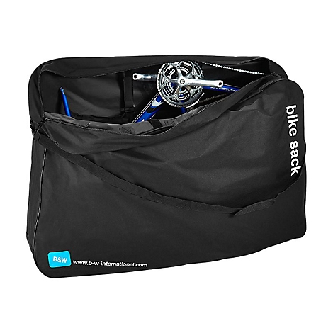Schwarze Fahrrad-Transporttasche mit der Aufschrift bike sack, geöffnet mit sichtbarer Tretkurbel eines Rennrads.