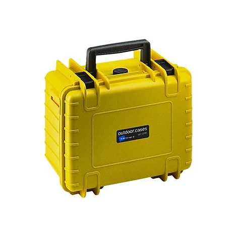 Gelber, stabiler Outdoor-Transportkoffer mit schwarzem Tragegriff und Logo-Emblem vor weißem Hintergrund.