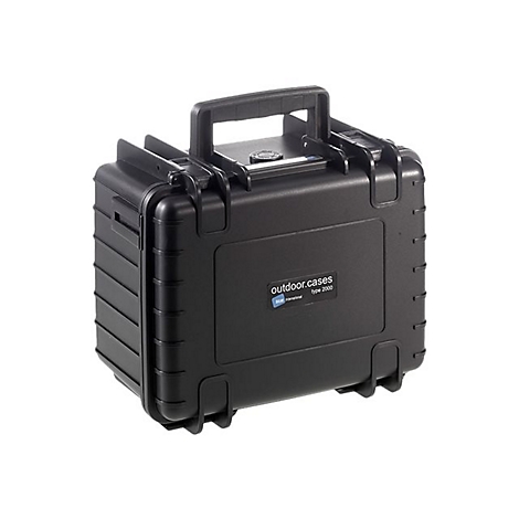 Schwarzer, robuster Outdoorkoffer mit Tragegriff und Logo-Aufschrift 'outdoor.cases type 2000' vor weißem Hintergrund.