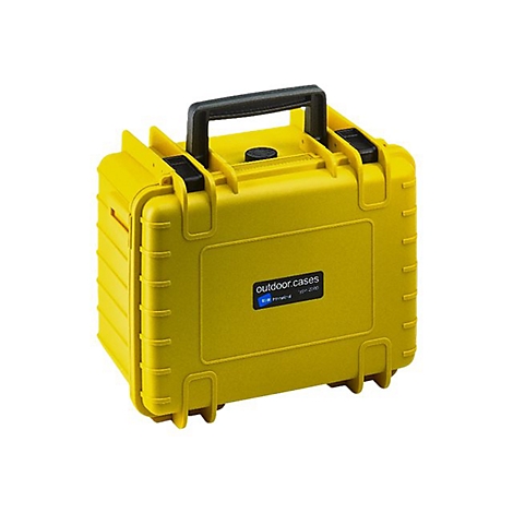 Gelber, robuster Outdoorkoffer mit schwarzem Tragegriff und Verschluss vor neutralem Hintergrund.