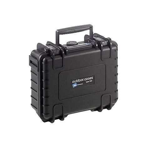 Schwarzer, robuster Outdoor-Koffer mit Tragegriff und Logo-Aufschrift outdoor.cases type 500.