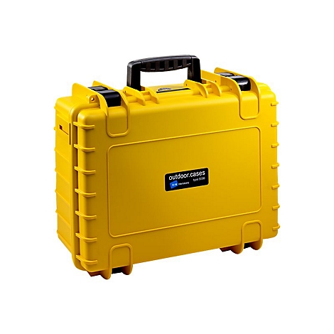 Gelber, stabiler Outdoor-Koffer mit schwarzem Griff und Logo-Aufschrift 'outdoor.cases type 5000' vor weißem Hintergrund.