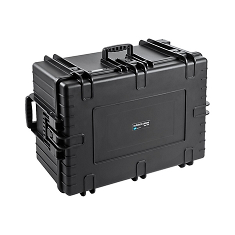 Schwarzer stabiler Transportkoffer mit robustem Design, Griffen und Logoaufdruck 'outdoor.cases' vor weißem Hintergrund.