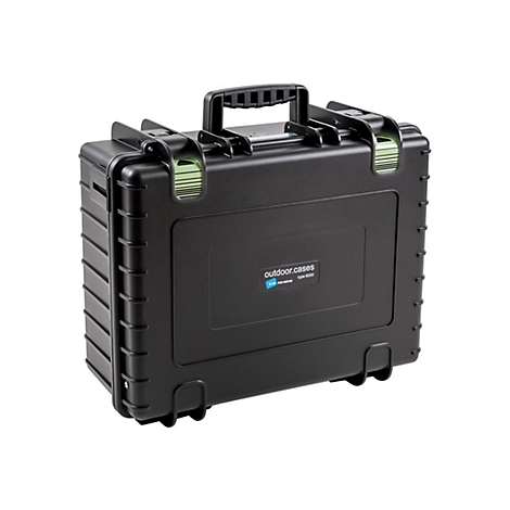 Schwarzer Outdoor-Koffer von B&W International, Typ 6000, mit robustem Tragegriff und Verschlussmechanismen.