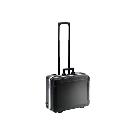 Schwarzer Business-Trolley mit ausziehbarem Griff auf neutralem Hintergrund.