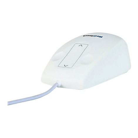 WeiÃŸes, ergonomisches MediTouch-GerÃ¤t mit Pfeiltasten und Kabel.