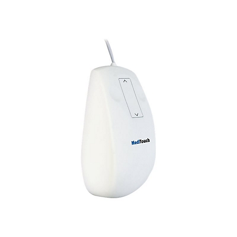 Ein weiÃŸer ergonomischer PC-Maus mit Scrollrad und dem Schriftzug Meditouch. Draht zur Verbindung.