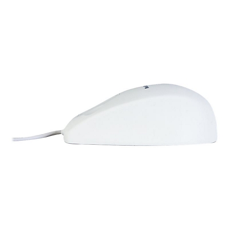 WeiÃŸe Computermaus mit Kabel von der Seite. Auf der Oberseite befindet sich eine kleine Taste.