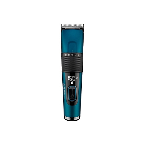 Blauer BaByliss Men Haarschneider mit digitaler Anzeige und Längenverstellring vor weißem Hintergrund.