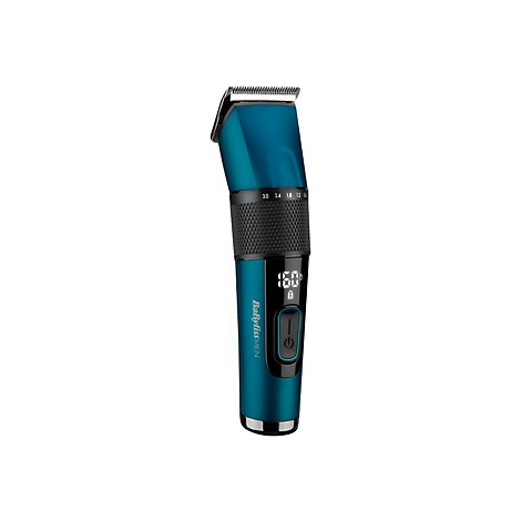 Blauer BaByliss Men Haarschneider mit digitalem Display auf weißem Hintergrund.