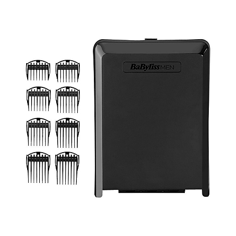 Schwarzes Aufbewahrungsetui mit BaByliss MEN Logo und acht beiliegenden Kammaufsätzen für Haarschneider.