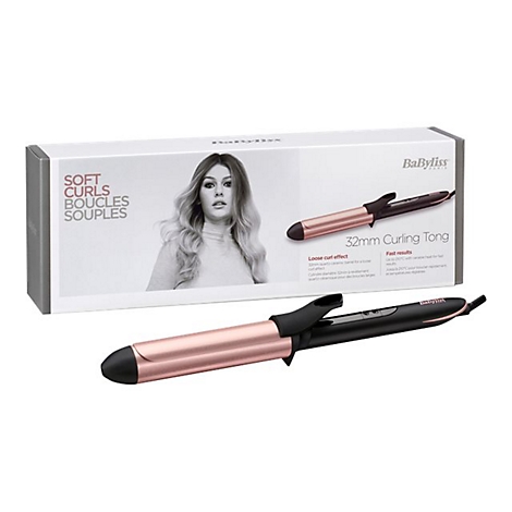 BaByliss Lockenstab mit 32mm roségoldenem Aufsatz vor der zugehörigen Produktverpackung.