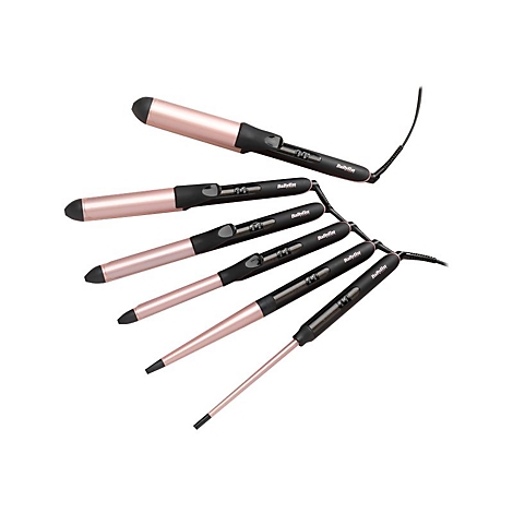 Mehrere BaByliss Lockenstäbe mit wechselbaren Aufsätzen in Roségold und Schwarz auf weißem Hintergrund.