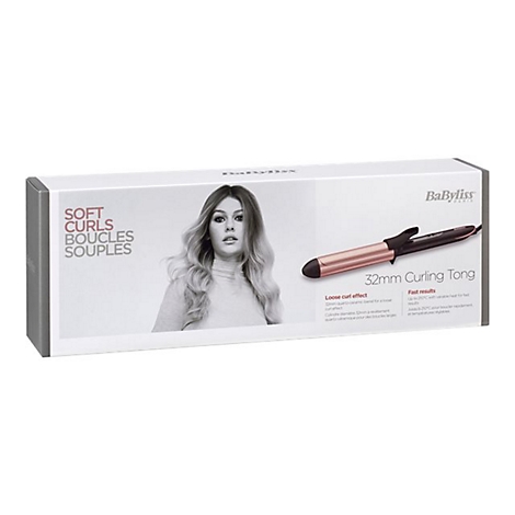 Produktverpackung für den BaByliss Lockenstab mit Abbildung einer Frau und technischem Produktbild.