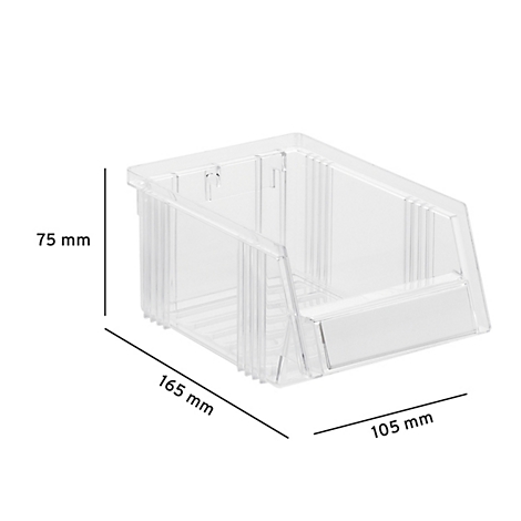 Bac de rangement transparent avec dimensions : 75 mm de hauteur, 165 mm de profondeur et 105 mm de largeur.