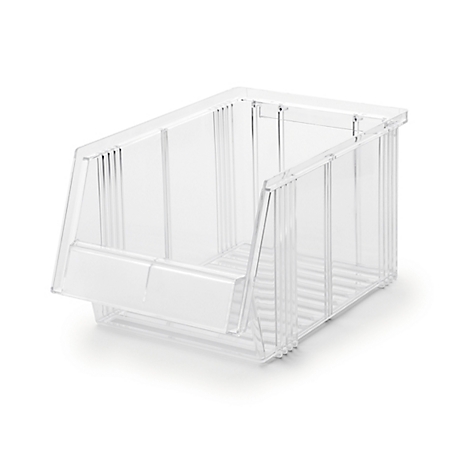 Bac de rangement transparent en plastique avec face avant ouverte sur fond blanc.