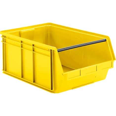 Bac de rangement jaune en plastique avec une barre transversale noire sur fond blanc.