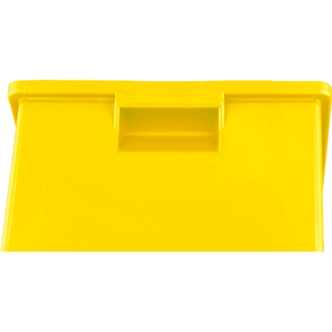 Une boîte de rangement en plastique jaune vif, vide, dotée d'une poignée moulée sur le dessus.