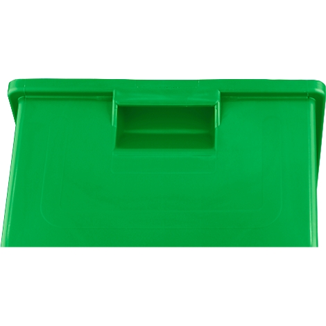 Une boîte de rangement en plastique vert avec couvercle et poignée intégrée sur fond neutre.