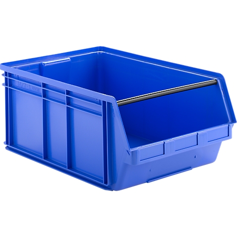 Bac de rangement ouvert en plastique bleu avec barre de renfort noire sur fond neutre.