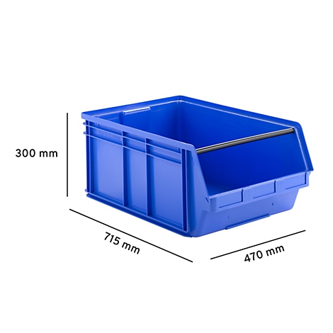 Bac de rangement en plastique bleu avec dimensions en millimètres sur fond blanc.