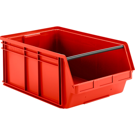 Bac de stockage rectangulaire rouge en plastique avec poignée noire sur fond neutre.