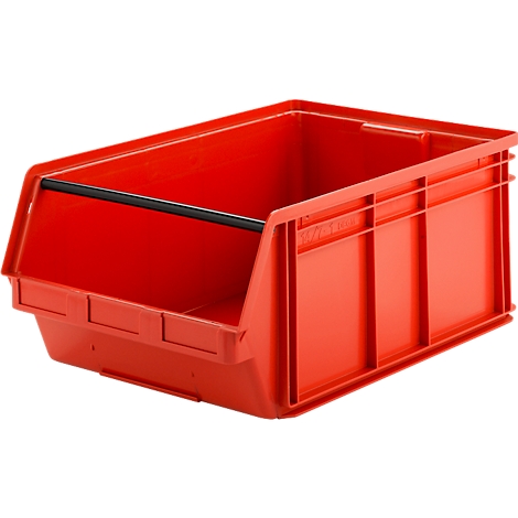 Bac de rangement en plastique rouge, ouvert, avec une barre de poignée noire sur fond blanc.