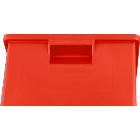 Boîte en plastique rouge avec fente de poignée intégrée sur fond blanc.