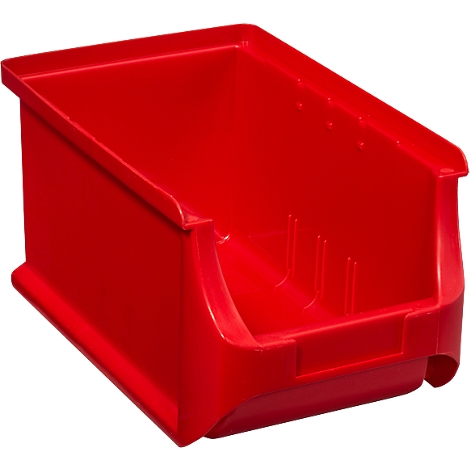 Bac de rangement ouvert en plastique rouge sur fond blanc.