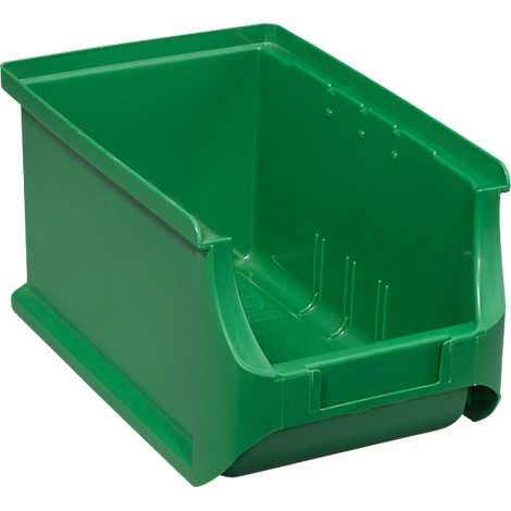 Bac de rangement en plastique vert, vide, sur fond neutre.
