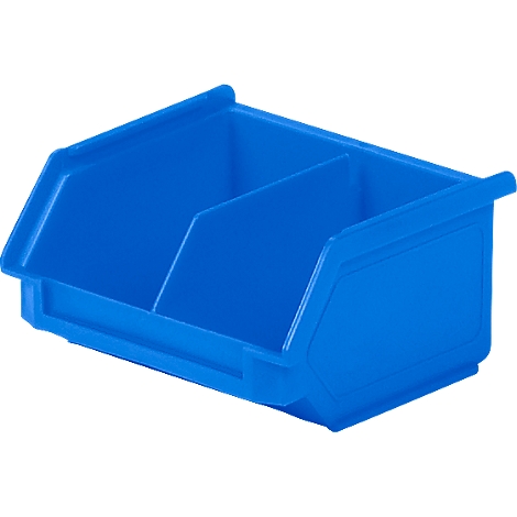 Bac de rangement en plastique bleu ouvert avec deux compartiments sur fond blanc.