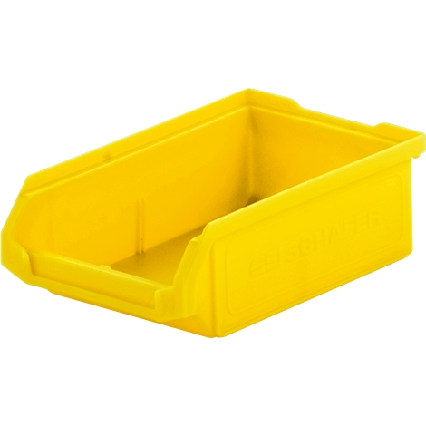 Bac de rangement en plastique jaune, rectangulaire, avec façade ouverte sur fond blanc.