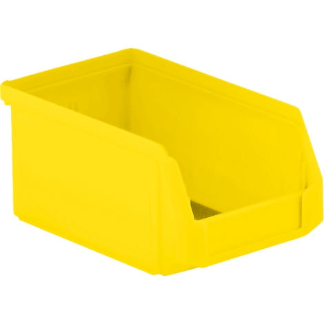 Bac de rangement en plastique jaune avec façade ouverte. Le bac est posé sur une surface blanche.