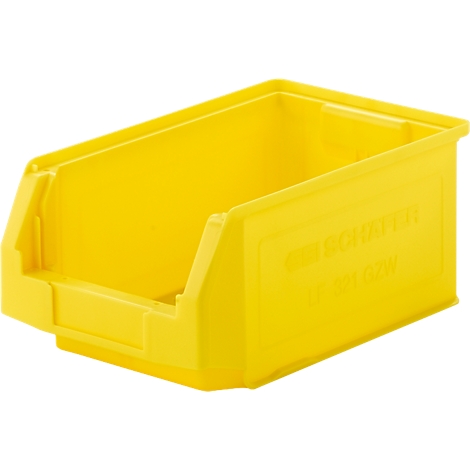 Bac de rangement jaune en plastique avec ouverture frontale sur fond blanc.