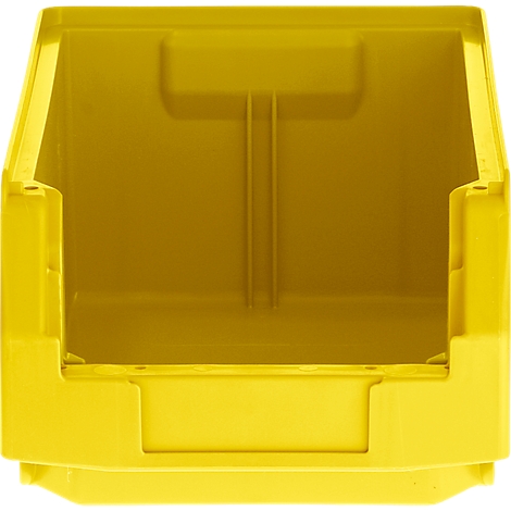 Bac de rangement jaune en plastique à façade ouverte sur fond blanc.