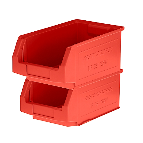 Deux bacs à bec rouges empilables en plastique avec l'inscription SSI SCHÄFER LF 321 GZW.